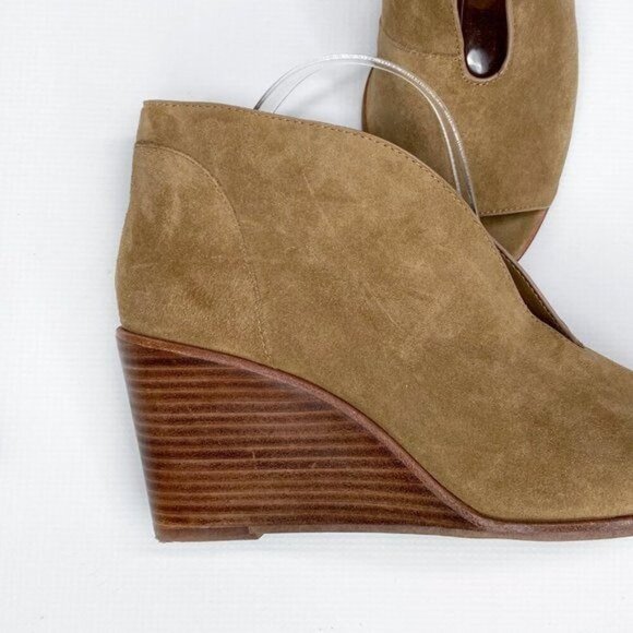 1.STATE Eren‎ Wedge Pump Bootie Caramel Brown Suede Open Toe Cutout 10 - Picture 4 of 10